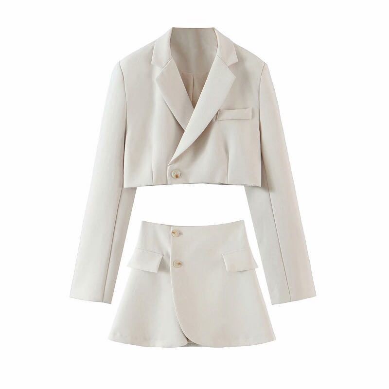 European and American fashion casual suit suit female oblique button short suit jacket + high waist pocket skirt