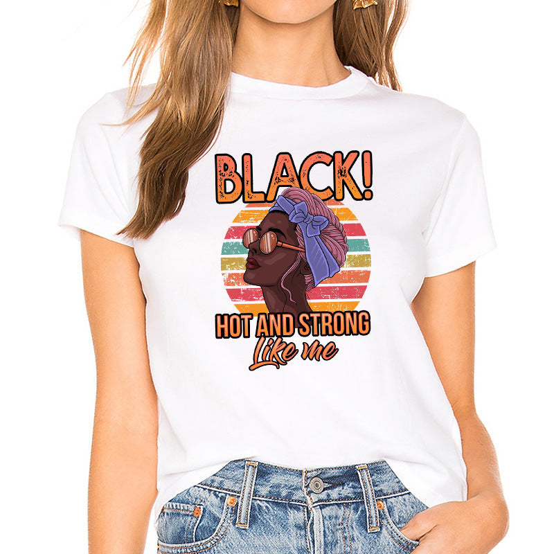 European and American Casual Cartoon Feminism Cartoon African Girl Printed Ladies T-shirt