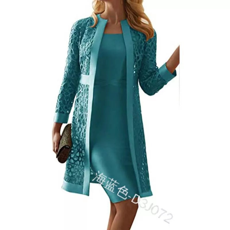 European and American solid color lace cardigan round neck dress two-piece set