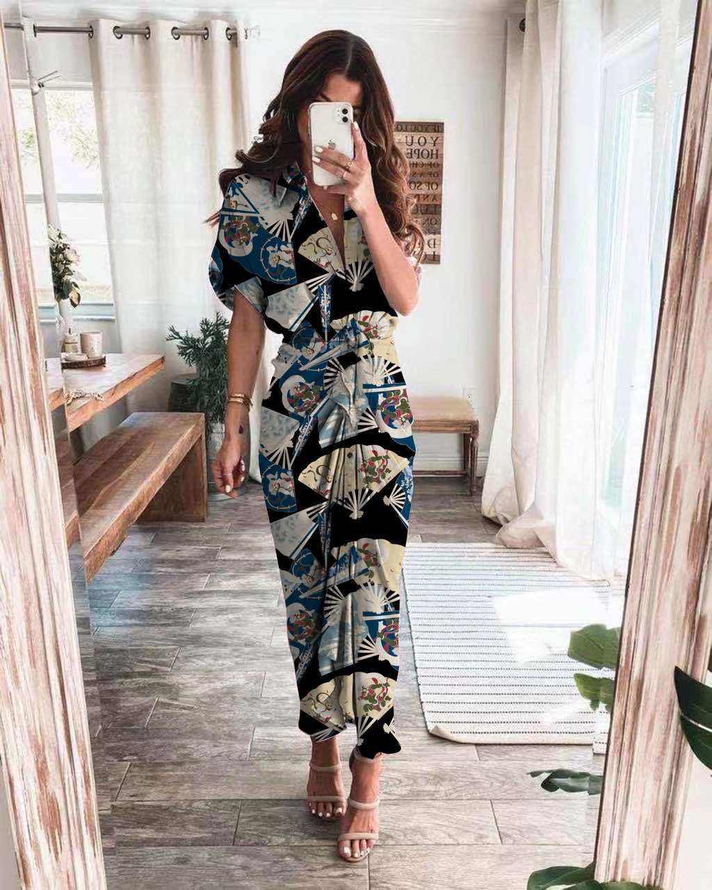 European and American shirt long skirt fashion printed dress