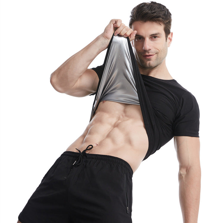 Men's shapewear all-inclusive silver coated short-sleeved black round neck yoga sauna suit