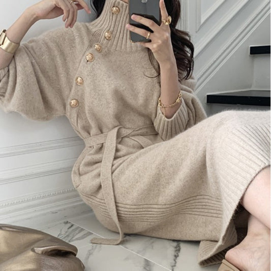 Japanese and Korean lace-up waist knitted dress loose and thin all-match turtleneck long sweater