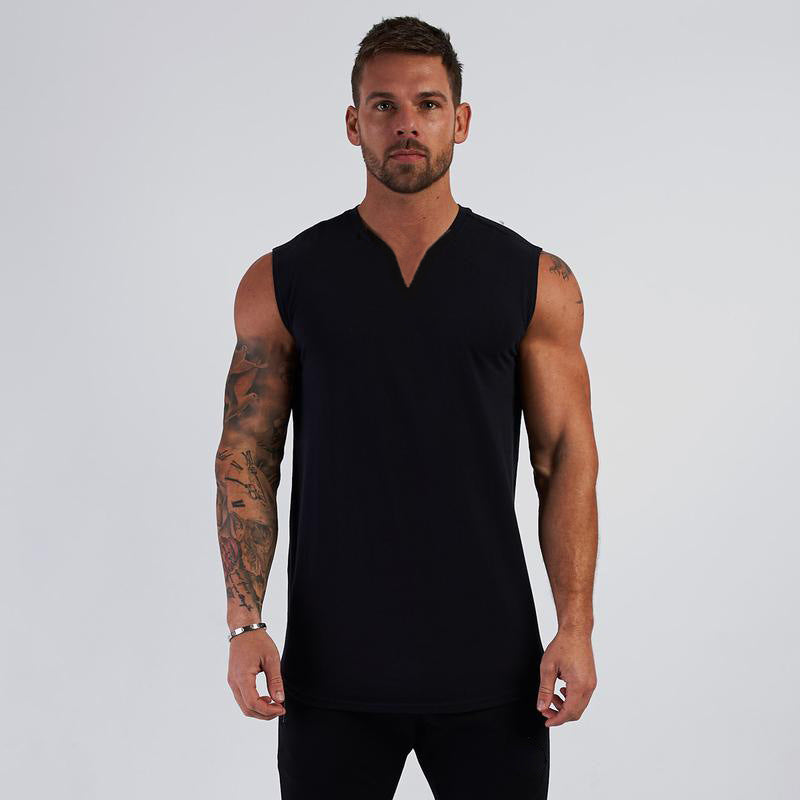 European and American solid color summer small V-neck sports vest male bodybuilding fitness sleeveless T-shirt running training top cotton