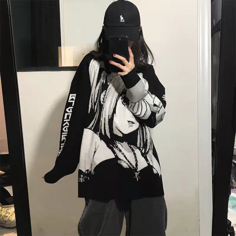 National tide graffiti two-dimensional animation plus velvet sweater tide men and women couple loose T-shirt ins net red same paragraph long-sleeved