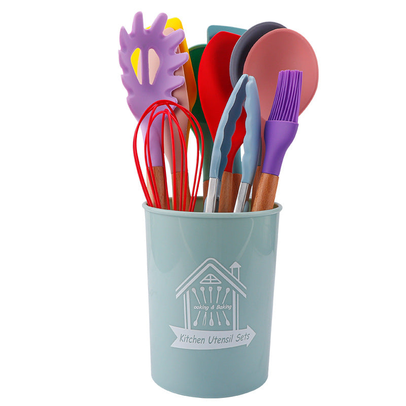 Storage barreled wooden handle silicone kitchen utensils 11 sets of silicone kitchen utensils set non-stick pot spatula spoon set