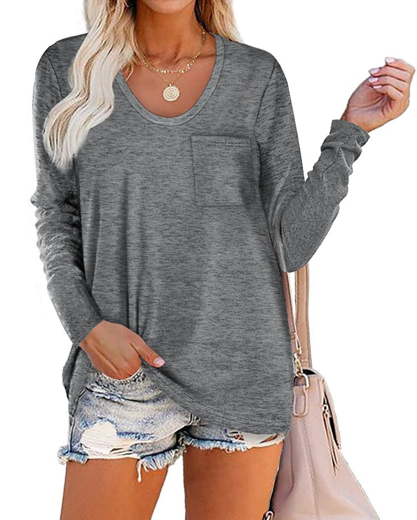 European and American cross-border round neck striped pocket casual long-sleeved loose top T-shirt