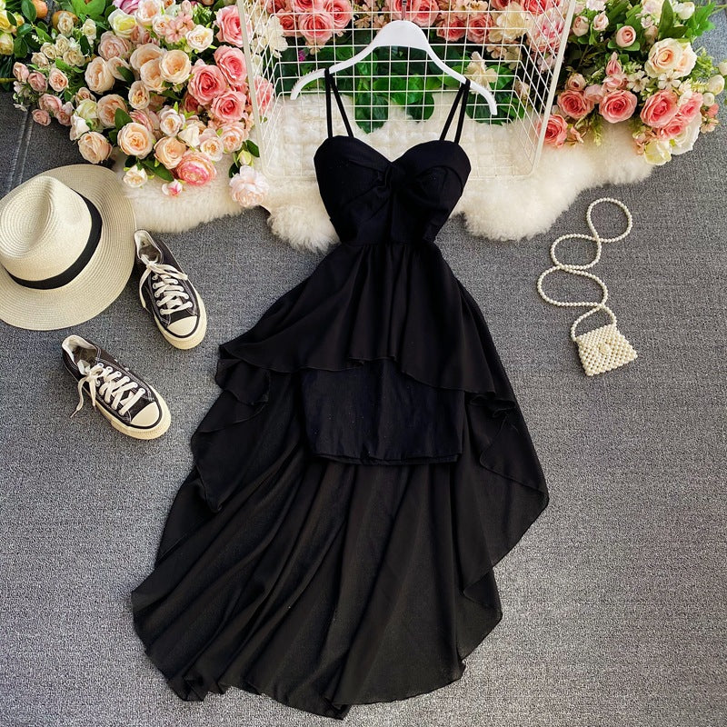 High waist irregular tube top strap dress design sense fairy skirt chic gentle wind big swing dress dress