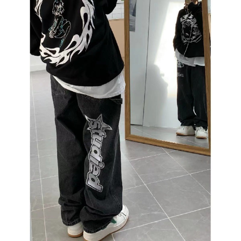 Original oversize loose straight American street style all-match digital star print jeans