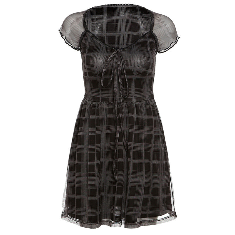 European and American style sexy slim plaid square neck dress