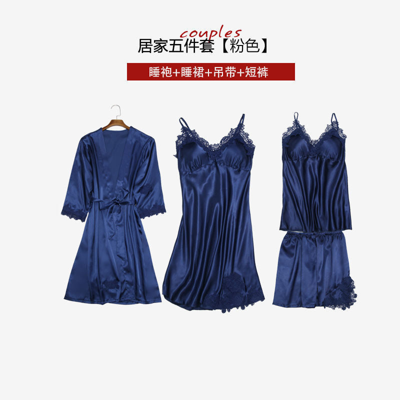 lce silk pajamas with chest pad long-sleeved five-piece suit real silk summer sling sexy nightdress home service