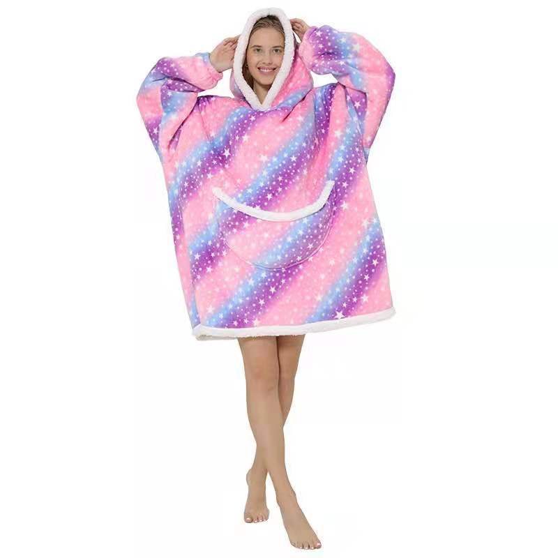 Lazy blanket flannel composite lamb wool pullover sweater TV blanket hooded lazy outdoor warm pajamas