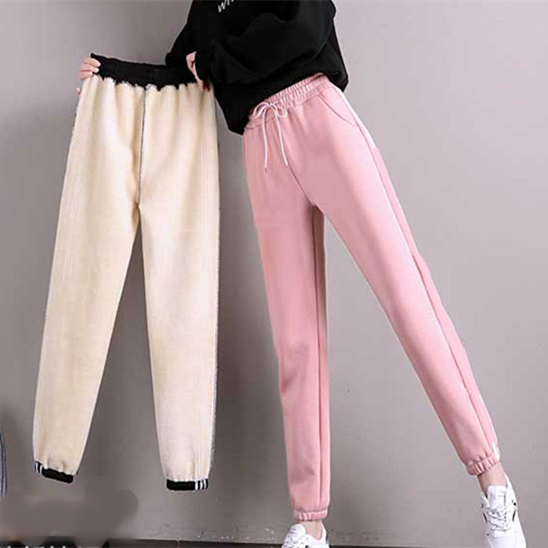 Plus velvet thickened warm sports imitation lamb velvet pants ladies students Korean version of harem pants