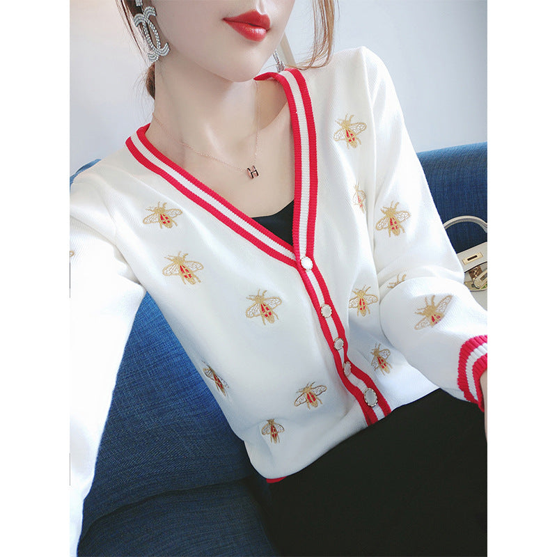 European and American knitted sweater heavy industry embroidery V-neck sweater cardigan jacket temperament outerwear top