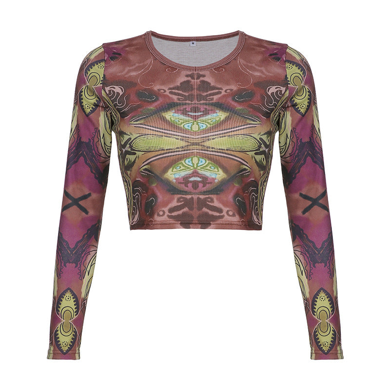 European and American street retro symmetrical print ribbed top