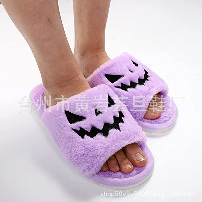 Slippers Women's Halloween Pumpkin Lantern Slippers Soft Plush Comfort Open Toe Outer Wear Plush Slippers