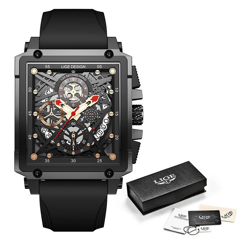 LIGE/Lige cross-border new men's watch square multi-function chronograph 30M waterproof watch