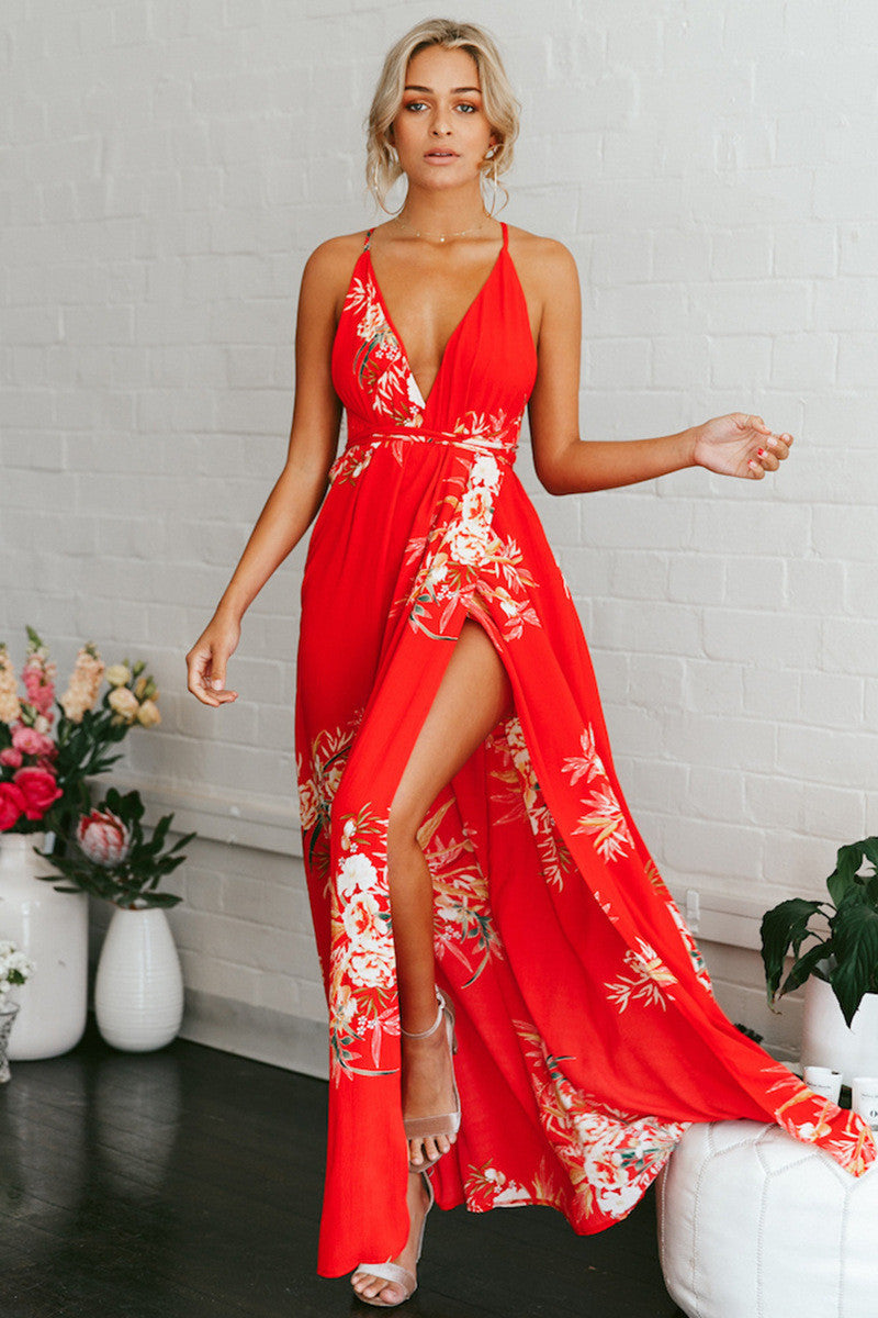 Women's Sexy Printed Sling Halter Slit Beach Dress