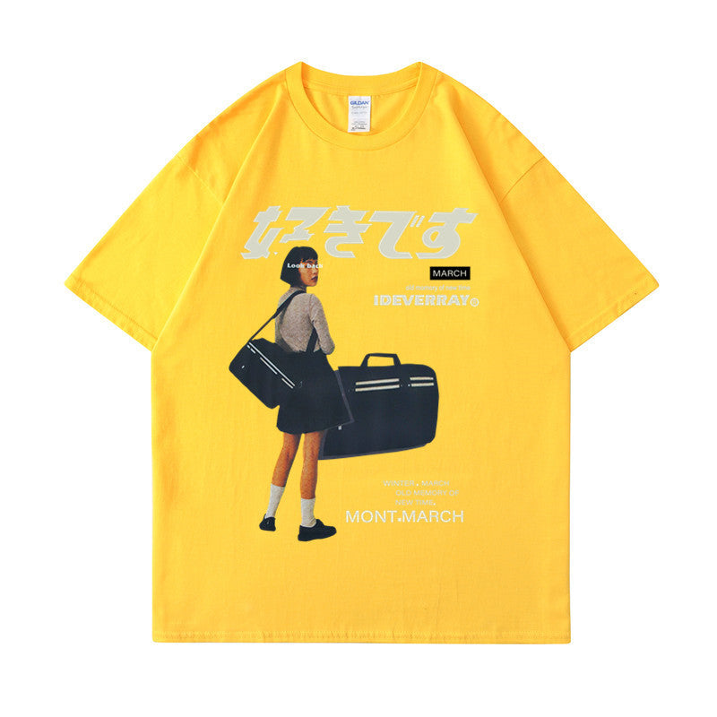 Cross-border summer new Hong Kong style trend girl printing retro casual couples loose short-sleeved men's T-shirt