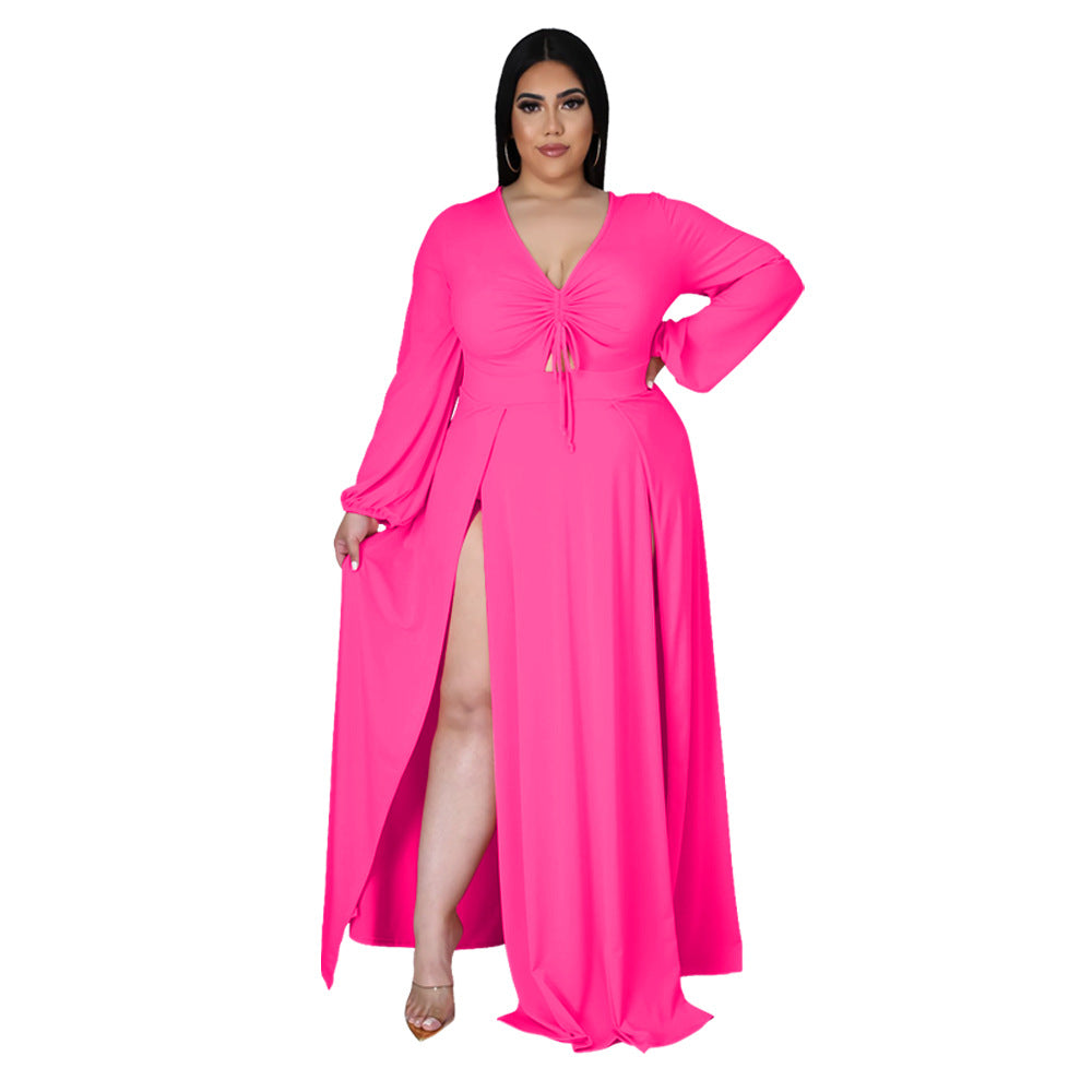 European and American fashion sexy V-neck solid color plus size dress