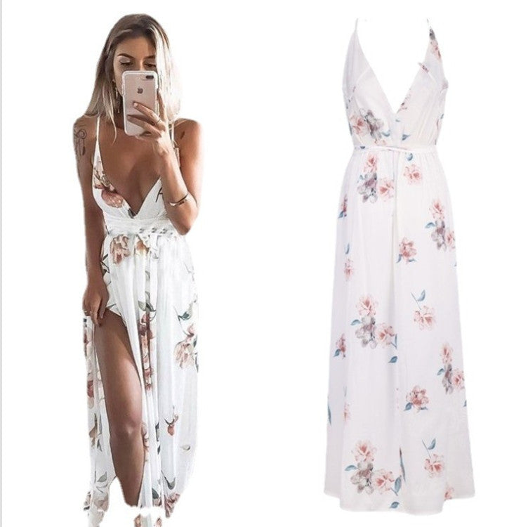 Women's Sexy Printed Sling Halter Slit Beach Dress