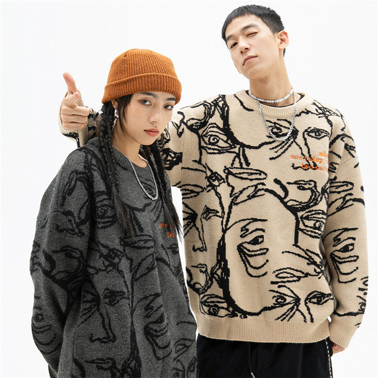 Japanese new round neck pullover tide brand abstract head pattern sweater