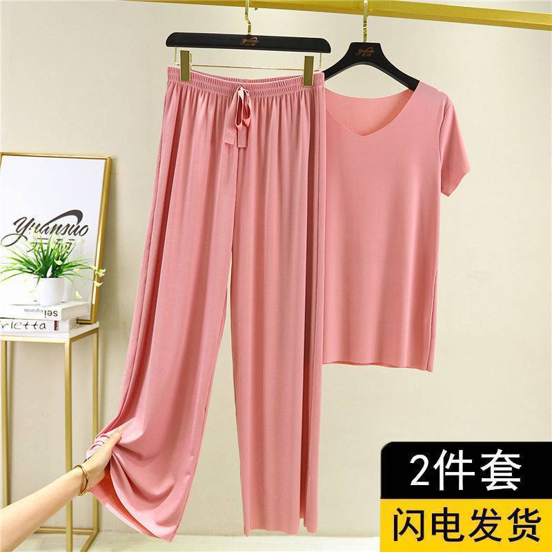 Summer ice silk pajamas two-piece short-sleeved women's new home wear casual loose wide-leg pants pajama pants