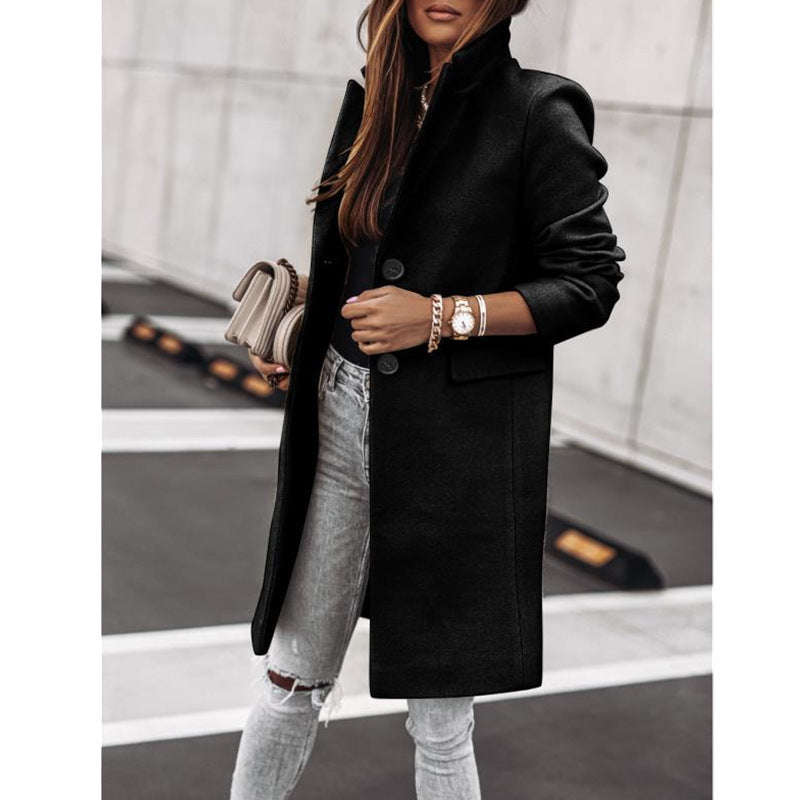 European and American cross-border autumn and winter simple long-sleeved button woolen coat