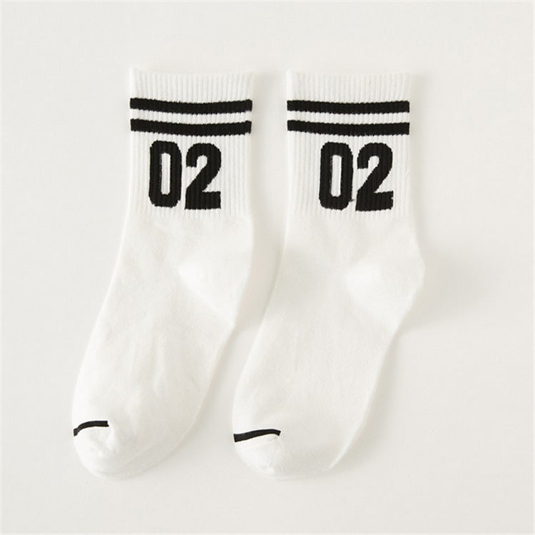 Sports socks tube pure cotton medium thickness couple socks two bars digital student white cotton socks