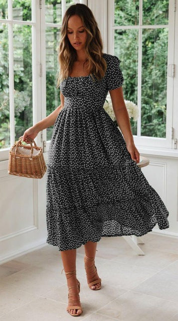 Europe and the United States popular square neck puff sleeve floral dress long skirt