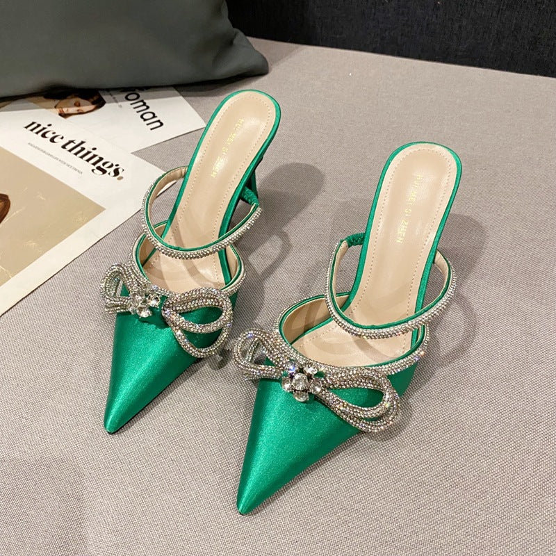 Korean style fashion rhinestone one word with Baotou pointed toe high-heeled sandals and slippers