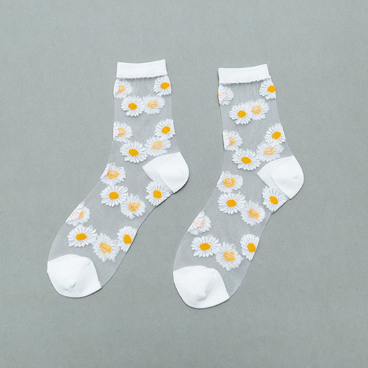 Small daisy card stockings tube women's socks ins tide glass silk socks women summer light and breathable pile socks