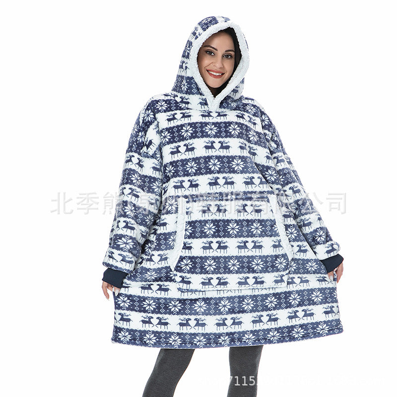 Cross-border Christmas fawn zebra leopard print hooded pullover sweater pajamas printed flannel nightgown female TV lazy blanket