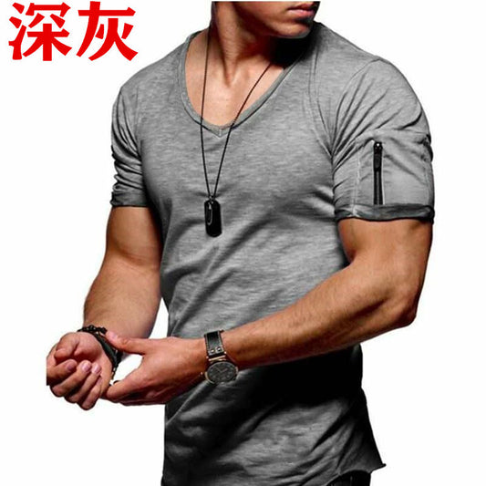 Europe and the United States foreign trade men's V-neck solid color large size casual short-sleeved t-shirt