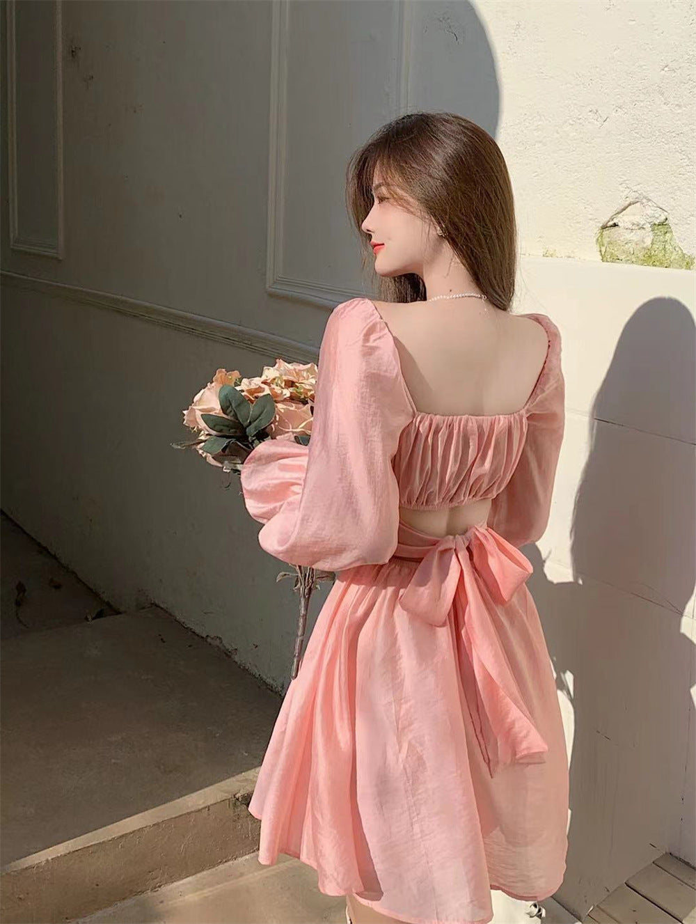 French court light familiar style ladies temperament square collar bubble long sleeves careful machine lace high waist slim dress