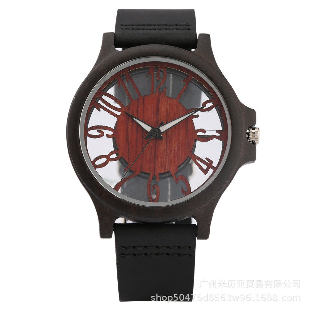 New fashion zebra walnut hollow transparent wooden watch, men's quartz casual watch