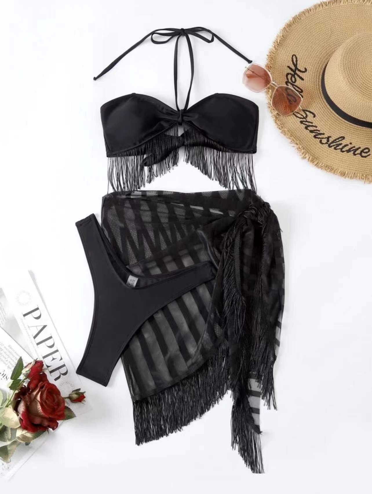 Europe and the United States new fringed tube top suspenders mesh three-piece swimsuit bikini