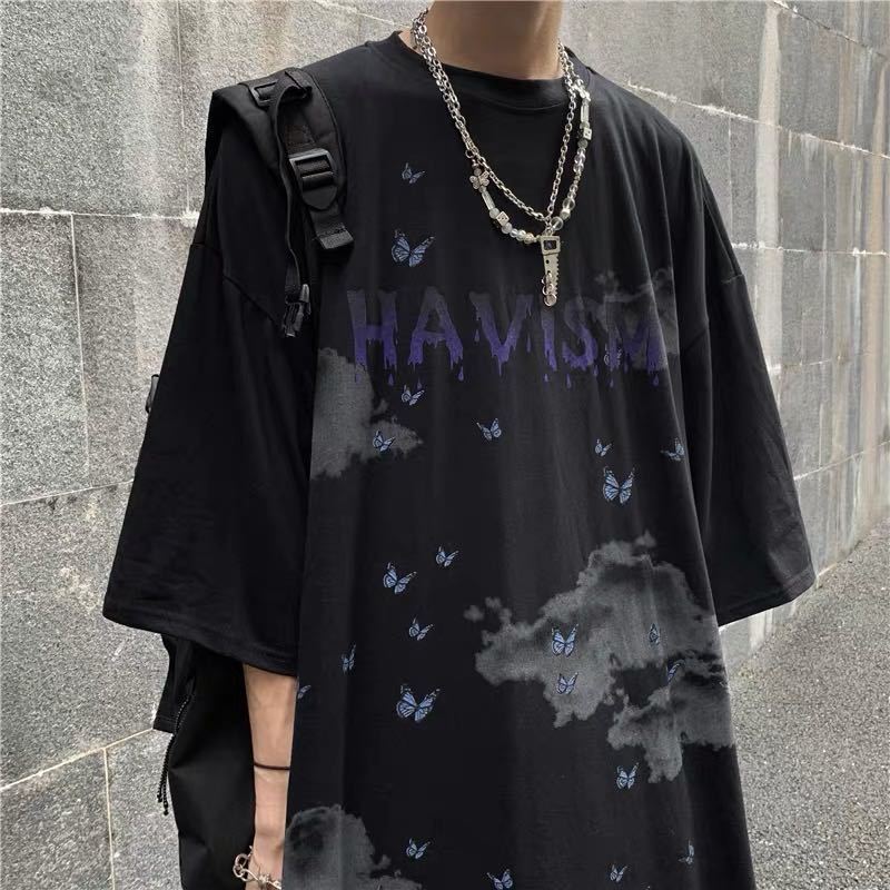 Dark hip-hop street butterfly cloud print student loose short-sleeved t-shirt men and women tops