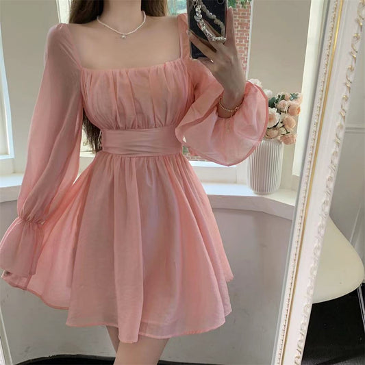 French court light familiar style ladies temperament square collar bubble long sleeves careful machine lace high waist slim dress