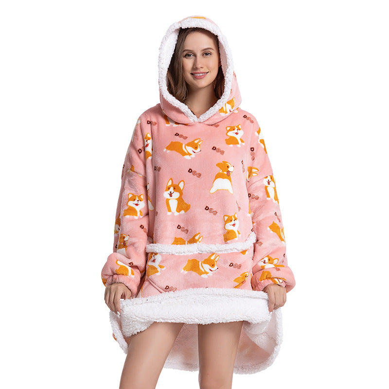 Parent-child composite warm clothes lazy TV blanket lengthened and thickened home clothes outdoor mid-length pajamas flannel