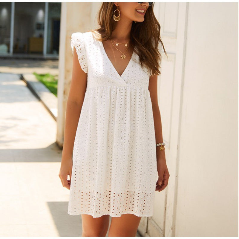 European and American V-neck short-sleeved lace dress