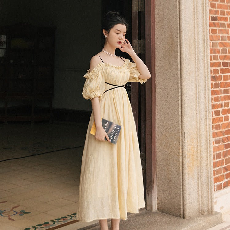 Summer new palace style loose sling word dress holiday beach long skirt