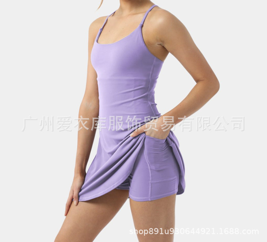 Cross-border new comes with a base anti-failure pocket fitness dance yoga sling suit short skirt