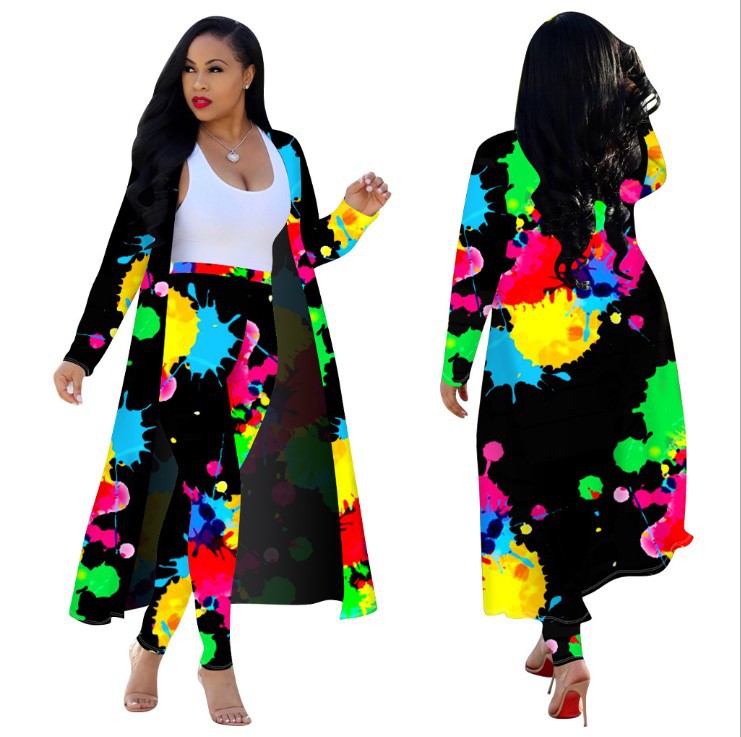 European and American cross-border exclusive long-sleeved printed jacket cloak leggings two-piece