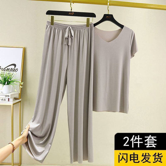 Summer ice silk pajamas two-piece short-sleeved women's new home wear casual loose wide-leg pants pajama pants