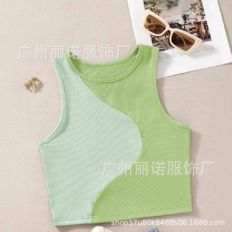 European and American New Ladies Thread Knit Colorblock Sleeveless Sexy T-Shirt