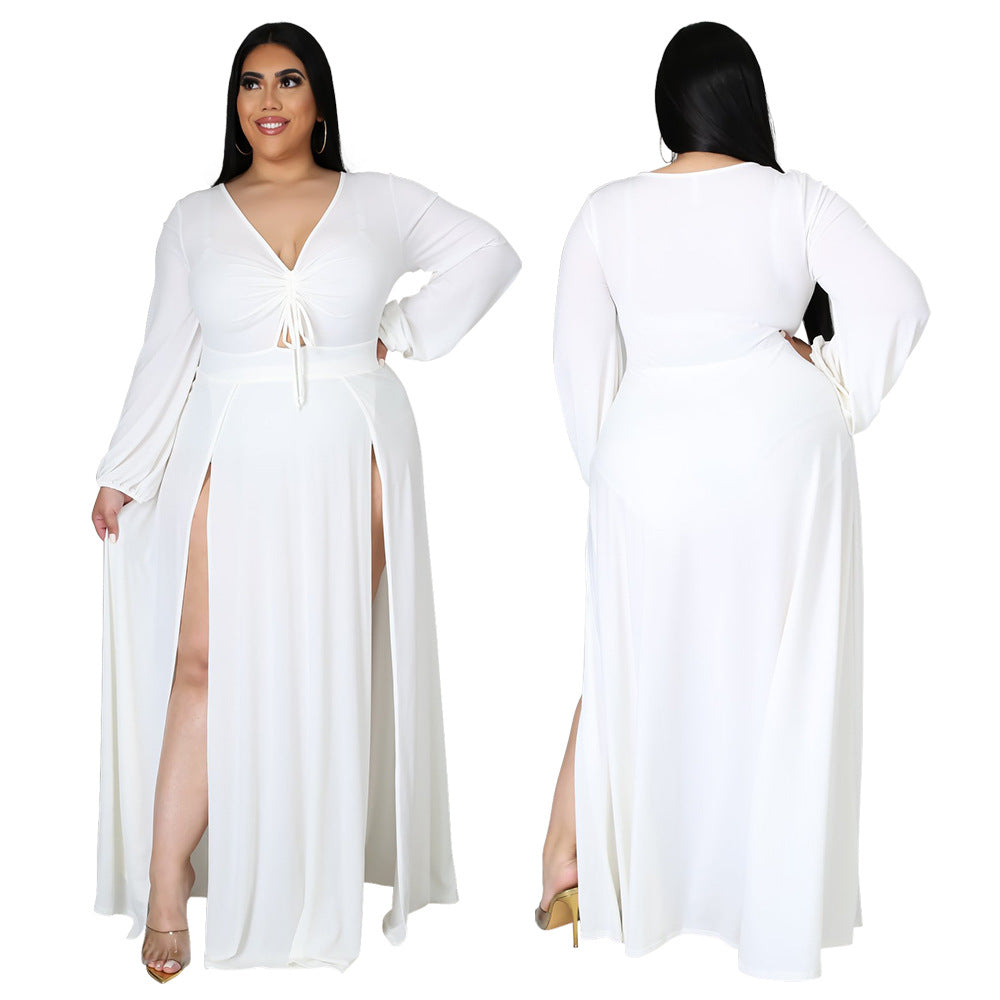 European and American fashion sexy V-neck solid color plus size dress