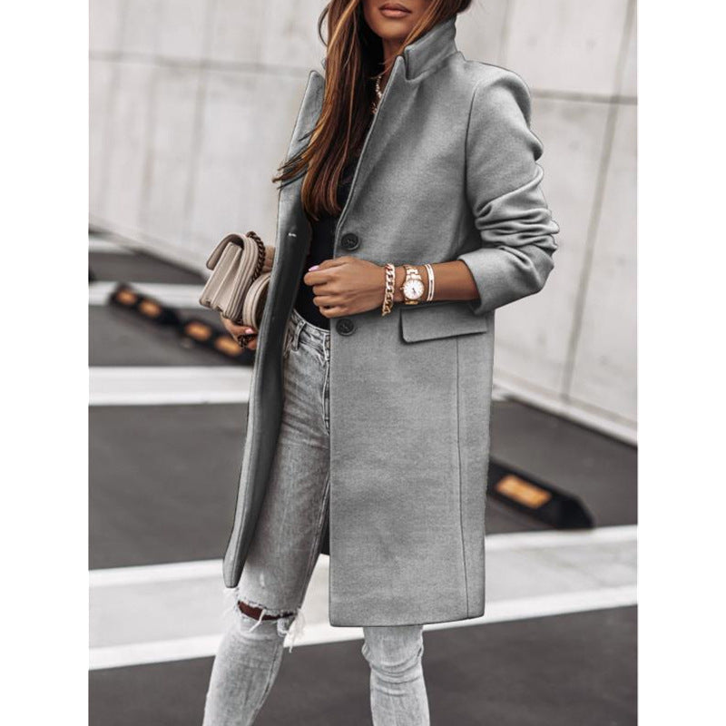 European and American cross-border autumn and winter simple long-sleeved button woolen coat