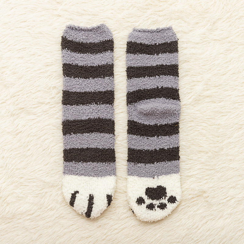 Coral fleece mid-tube socks women's thickened warm cartoon cat claw socks sweet floor socks confinement sleep socks