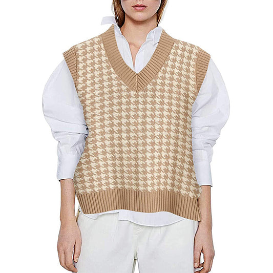 European and American women's clothing houndstooth knitted vest V-neck sleeveless pullover sweater