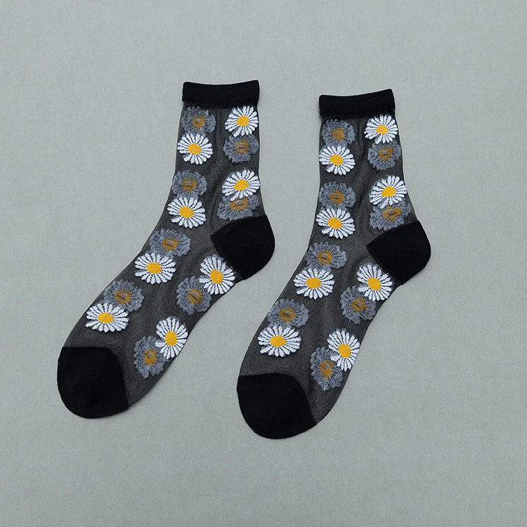 Small daisy card stockings tube women's socks ins tide glass silk socks women summer light and breathable pile socks